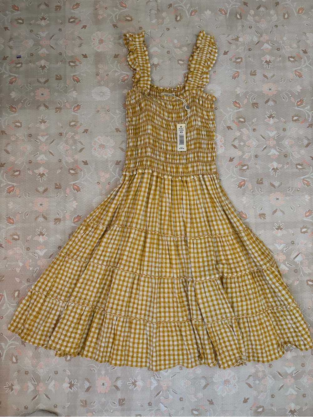 Max Studio Mustard Yellow Gingham Smocked Sundress XS NWT